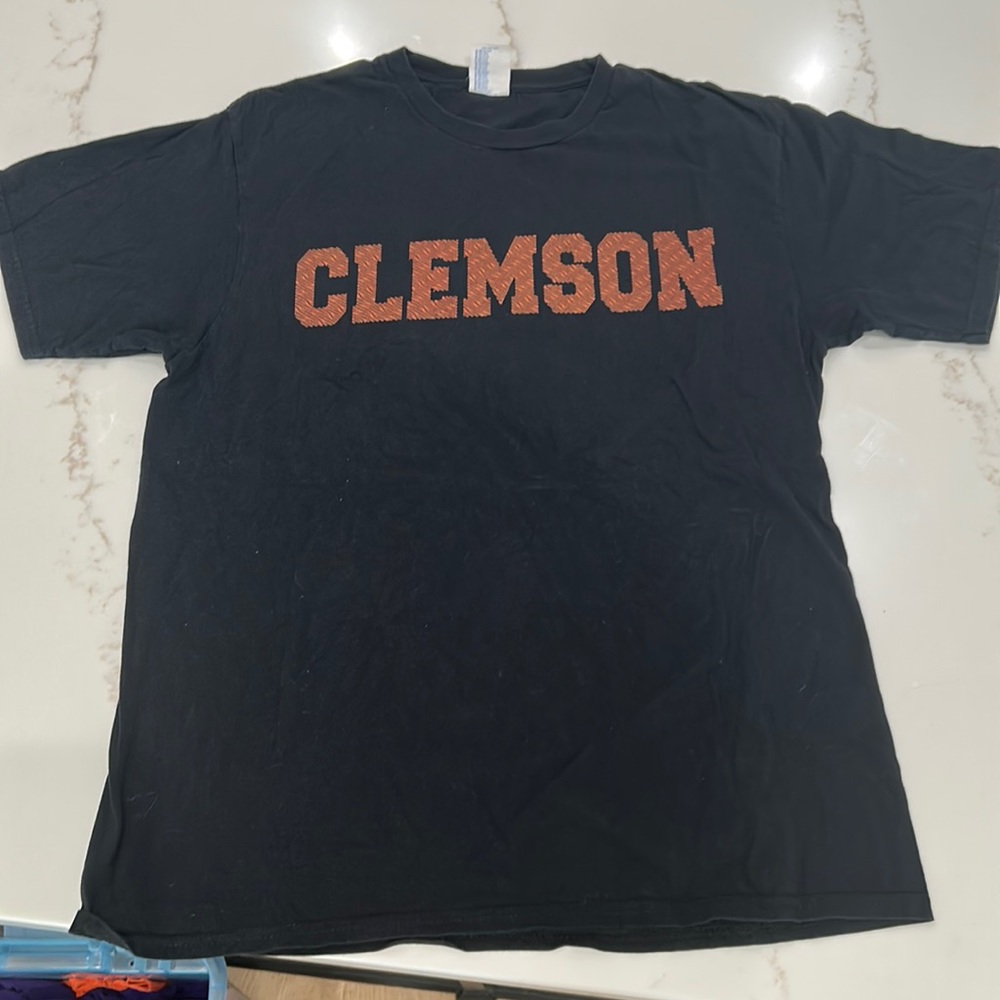 Black Clemson t-shirt with tiger print writing.  Adult size M